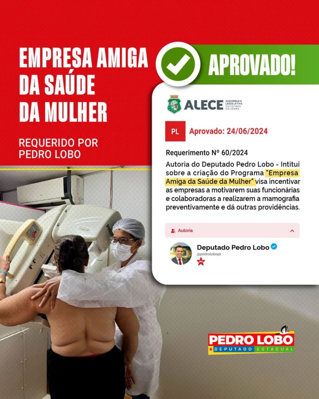 Pedro Lobo cria programa para incentivar mamografia preventiva nas empresas, promovendo saúde e autocuidado entre mulheres trabalhadoras 1 Pedro Lobo cria programa para incentivar mamografia preventiva nas empresas, promovendo saúde e autocuidado entre mulheres trabalhadoras.