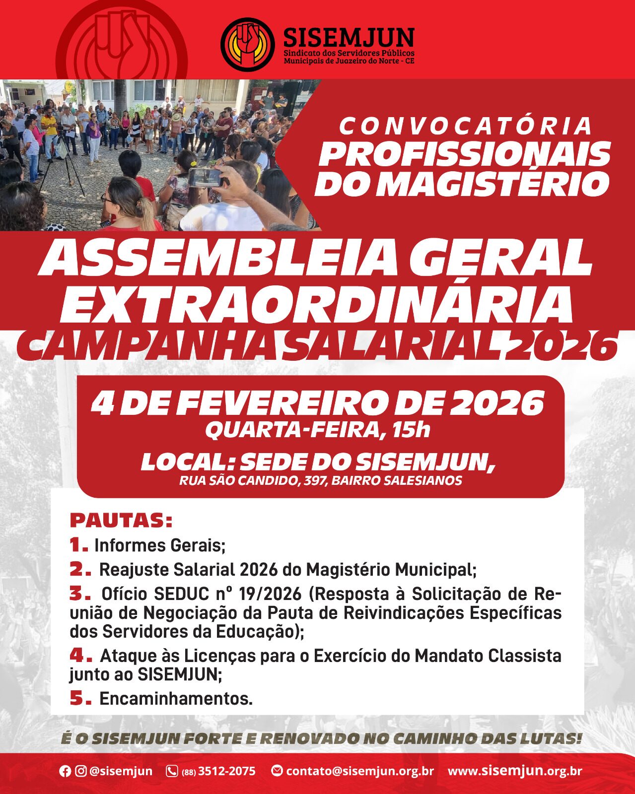 SISEMJUN convoca assembleia geral extraordinaria dos profissionais do magisterio