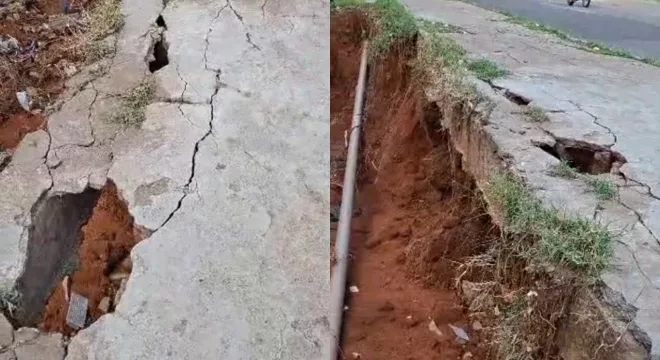 Calçada do Parque das Timbaúbas cede após chuvas em Juazeiro do Norte e moradores alertam risco de acidente