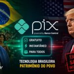 Composição visual com símbolos do Pix e do comércio entre Brasil e Estados Unidos