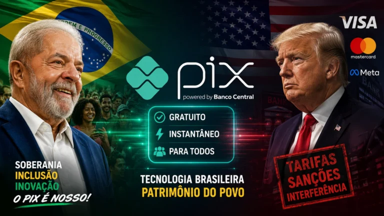 Composição visual com símbolos do Pix e do comércio entre Brasil e Estados Unidos
