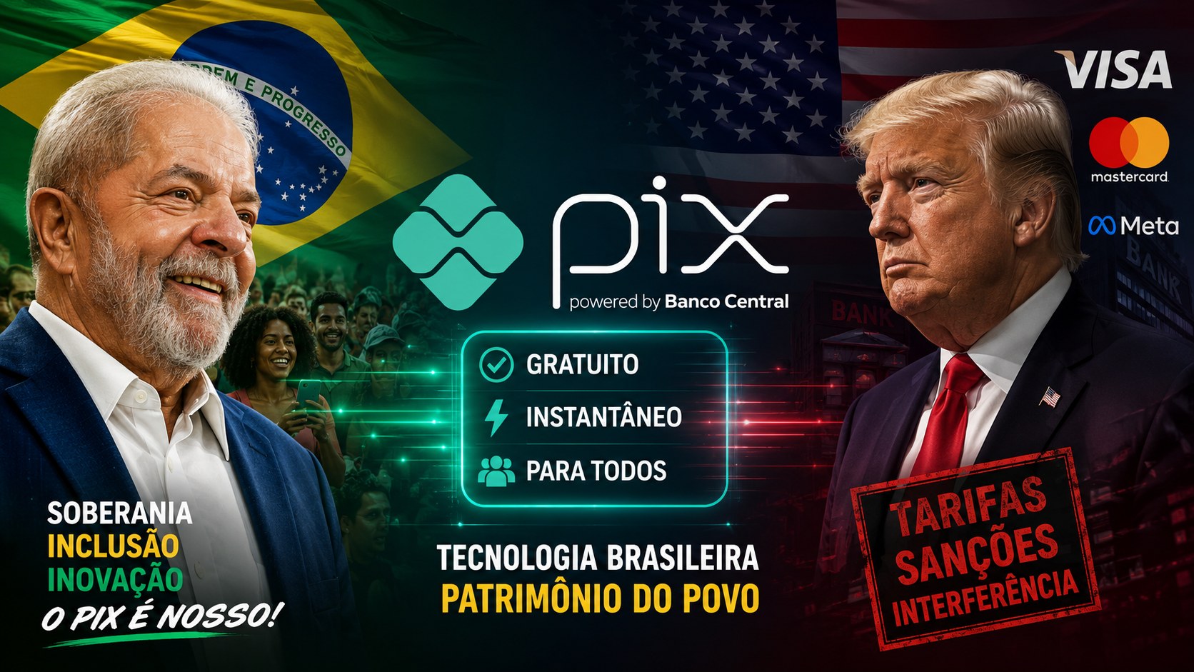Composição visual com símbolos do Pix e do comércio entre Brasil e Estados Unidos