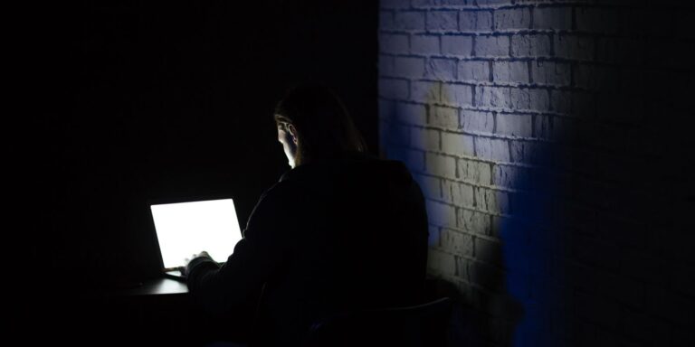 Mulher utiliza computador portátil em ambiente doméstico