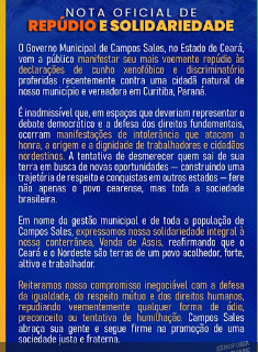 Governo Municipal de Campos Sales emite Nota de Repúdio: Caso de xenofobia contra veteadora campossalenses, no Paraná 1 WhatsApp Image 2026-08-08 at 07.09.18 (1)