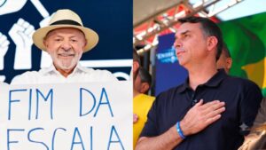 Lula e Flávio Bolsonaro em montagem editorial sobre pesquisa presidencial
