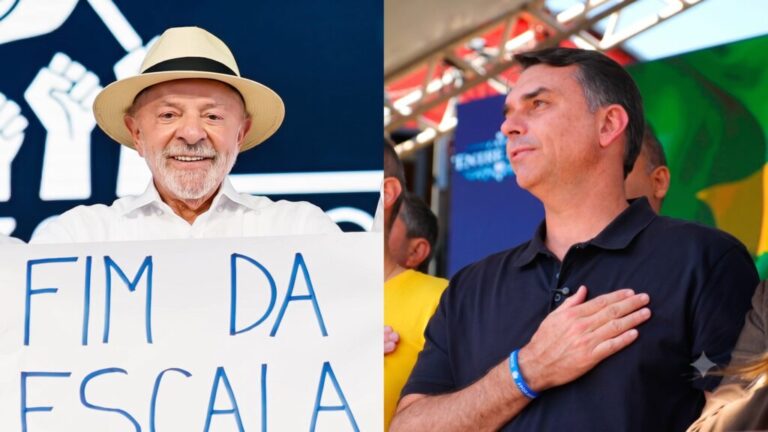 Lula e Flávio Bolsonaro em montagem editorial sobre pesquisa presidencial