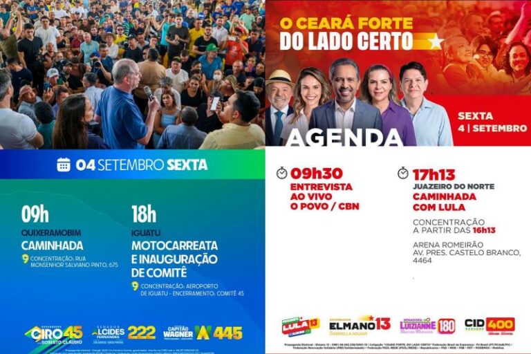 Elmano no Cariri e Ciro no Sertão Central marcam as agendas de campanha desta sexta-feira, 4