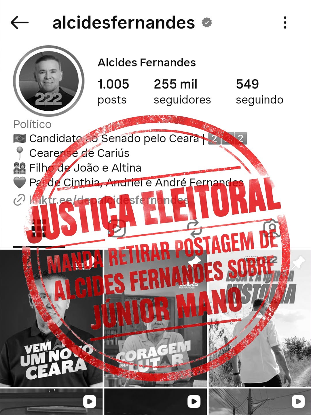 Justiça Eleitoral determina retirada de postagem de Alcides Fernande contra Júnior Mano 1 WhatsApp Image 2026 09 29 at 06.29.06