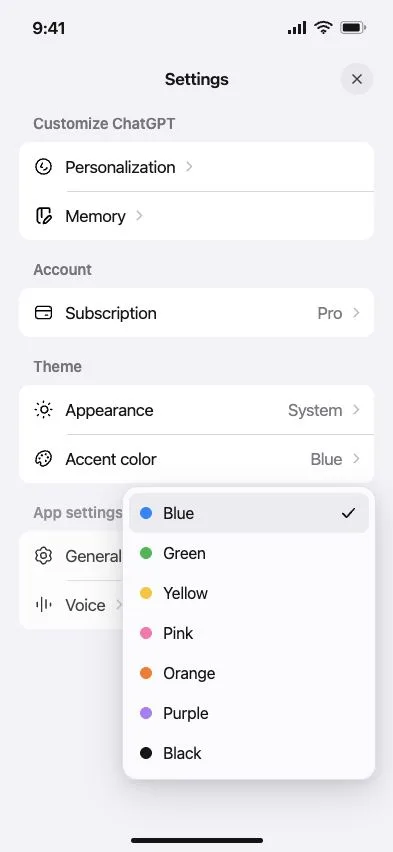 ChatGPT ganha flashcards, chega ao Word e melhora imagens; veja as novidades 4 Tela do ChatGPT no celular com opções de personalização, memória, aparência e cor de destaque